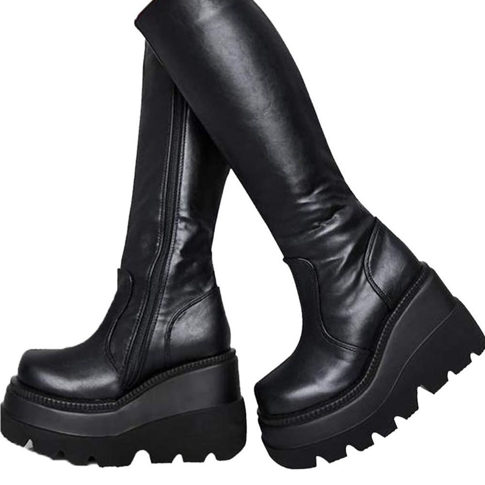 brand new black faux leather knee high boots. size 9.5-10. wedge platform heel